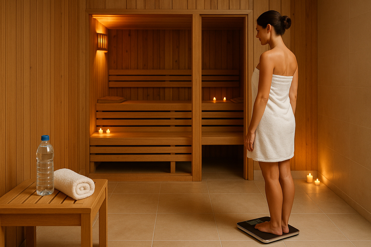 Žena u peškiru meri se na digitalnoj vagi u spa ambijentu, uz ulaz u saunu i diskretno osvetljenje.