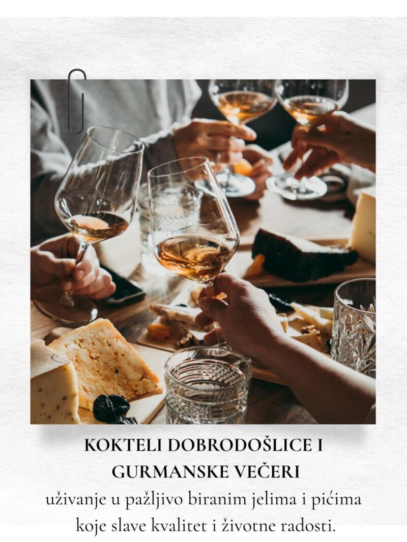 Na slici je prikazan program za Holivudski vikend u hotelu Sherato, par ljudi koji se kucaju sa čašama u kojima je sipano vino