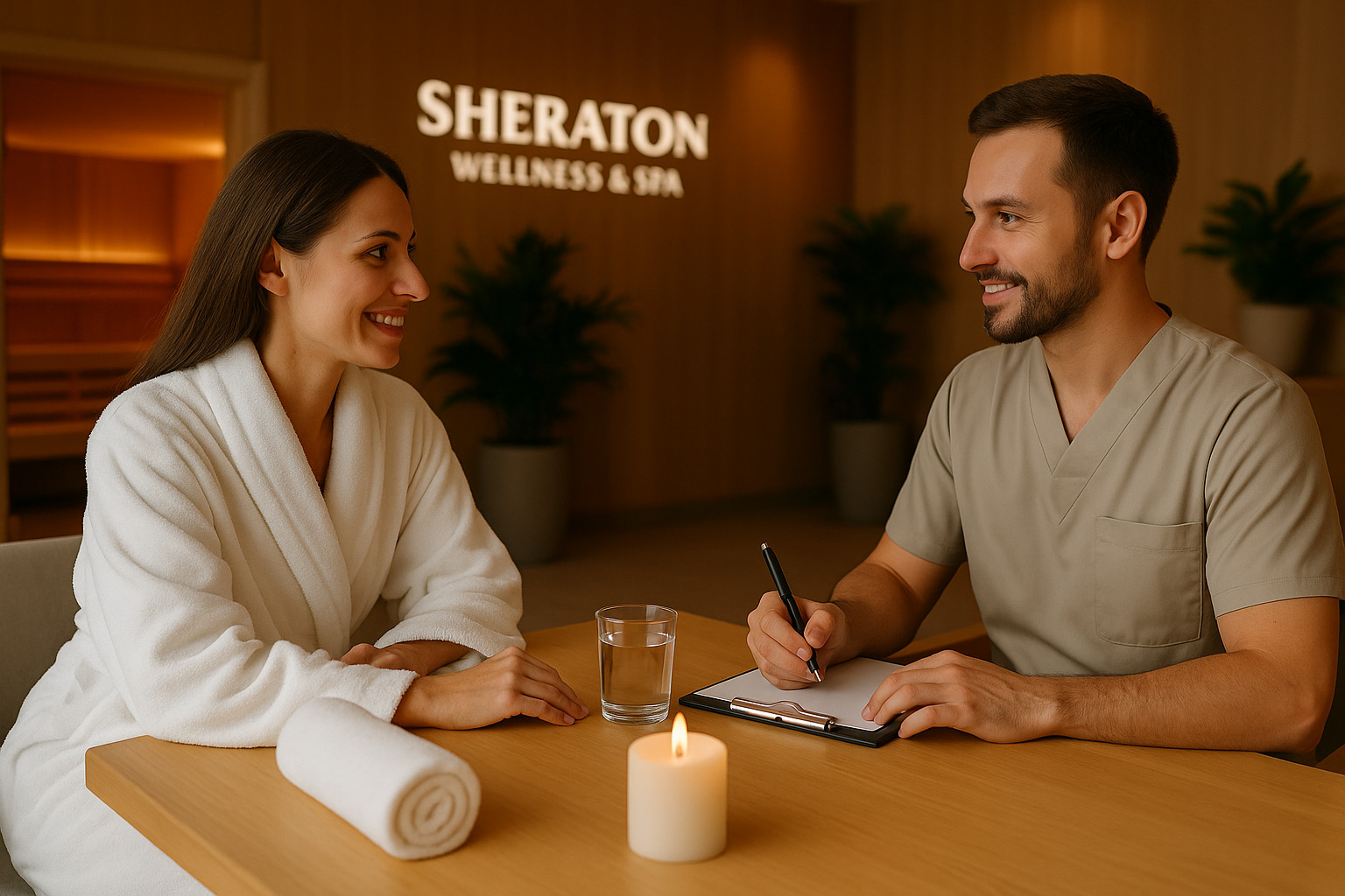 Klijentkinja u belom spa ogrtaču razgovara sa terapeutom za stolom u Sheraton Wellness i Spa centru, uz čašu vode, peškir, sveću