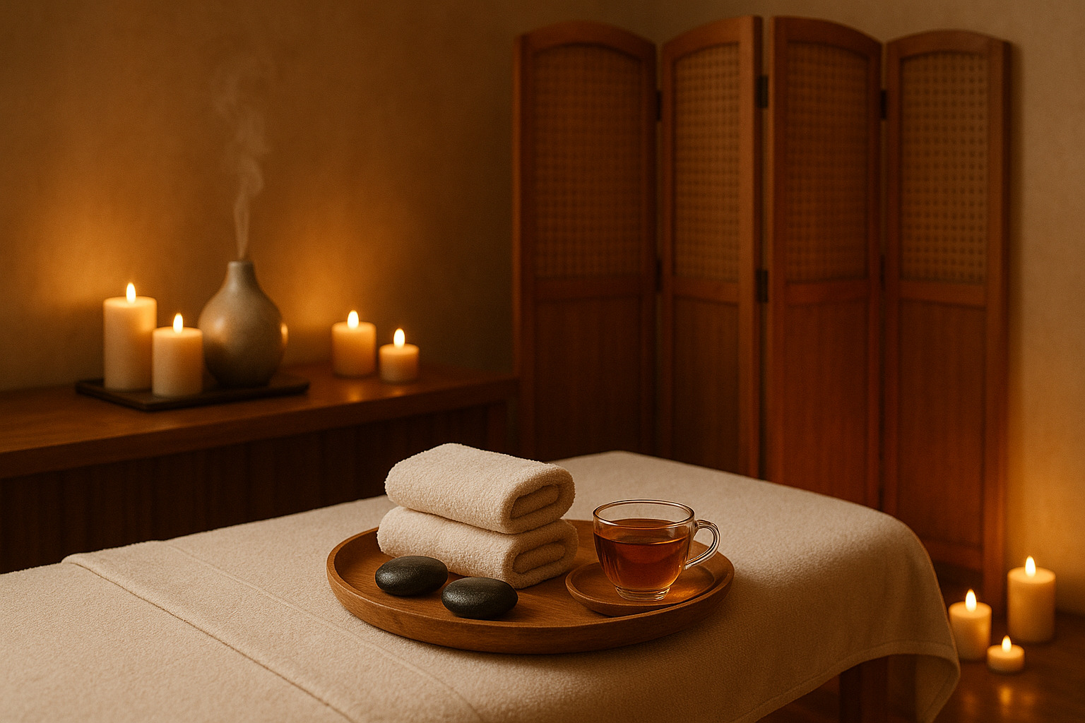 Luksuzna spa soba sa masažnim stolom, difuzorom, svećama i čajem na stolu, u toplom ambijentu sa drvenim elementima.