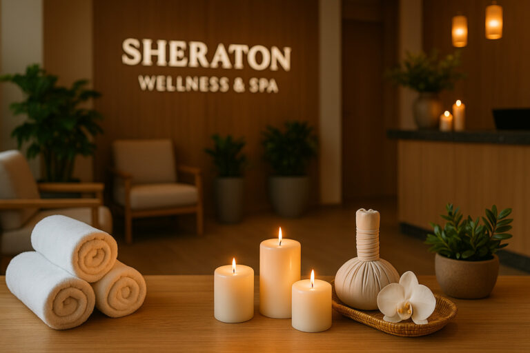 Elegantno uređen Sheraton Wellness i Spa ambijent sa složenim peškirima, upaljenim svećama, belim orhidejama i dekorativnim biljkama na stolu.