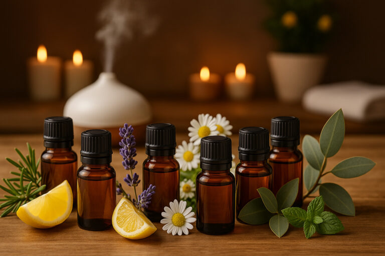 Elegantno aranžiran sto u spa ambijentu sa bočicama eteričnih ulja lavande, eukaliptusa, metvice, citrusa, ruzmarina, čajevca i kamilice.